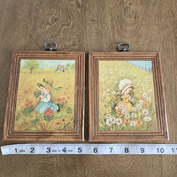 Set 2 Vtg Eva Harta Print Wooden Wall Hanging Girl Field Of Flowers MCM Cottage - Picture 2 of 4